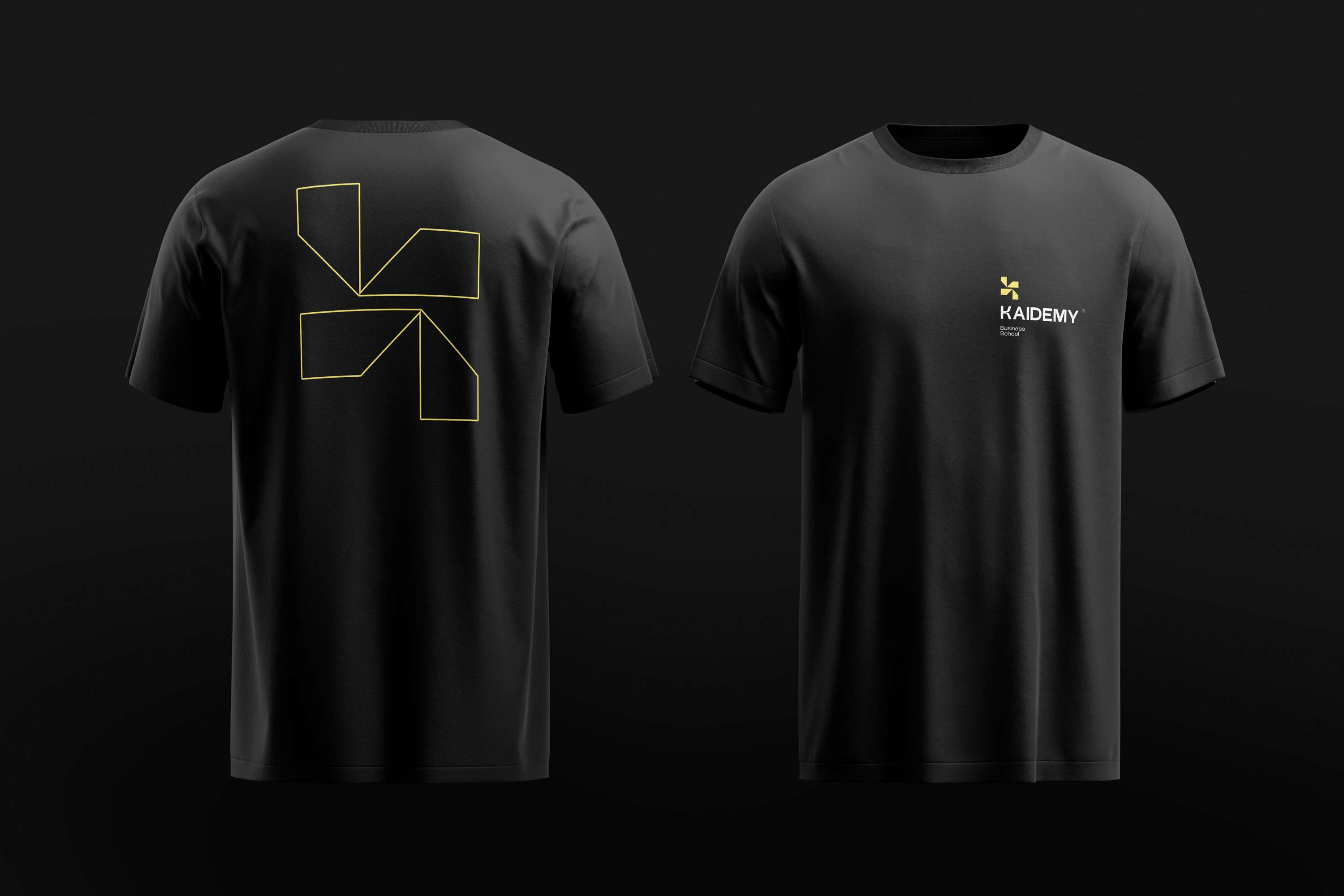 Camisetas da KAIDEMY com identidade visual em amarelo e preto