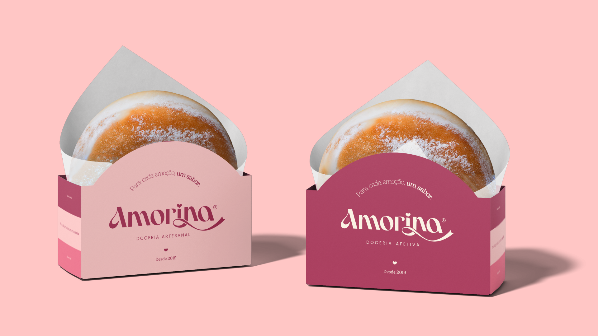 AMORINA artisanal bakery packaging with pink and wine color palette